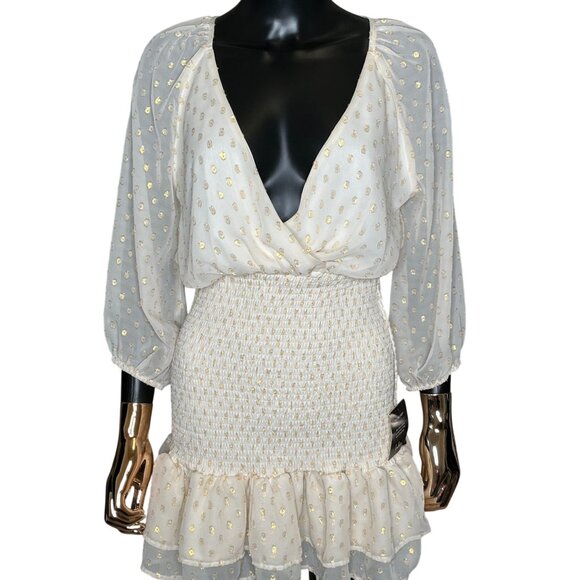 Lulu's All The Cheers Cream and Gold Dotted Smocked Mini Dress Size Medium NWT - Picture 5 of 11